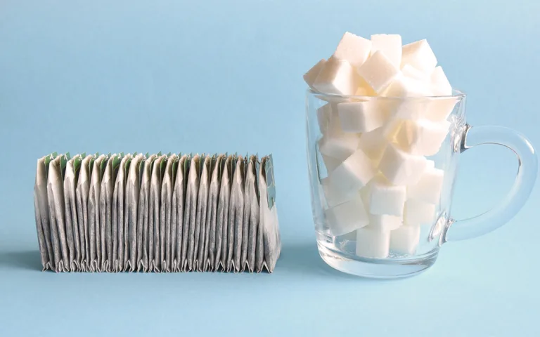 A clear glass of sugar next to a sugar bag, representing the exploration of sugar substitutes and their health effects.