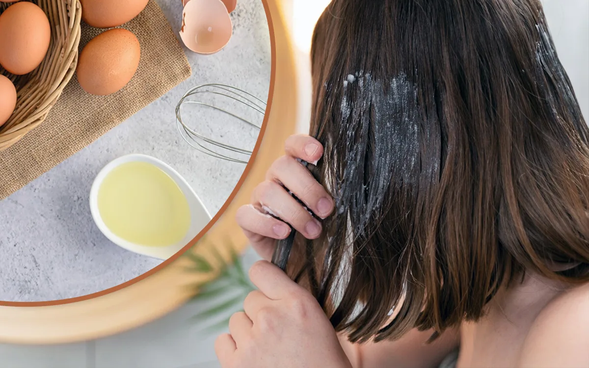 A woman applies egg whites to her hair as she combs, showcasing their nourishing and shine-enhancing properties.