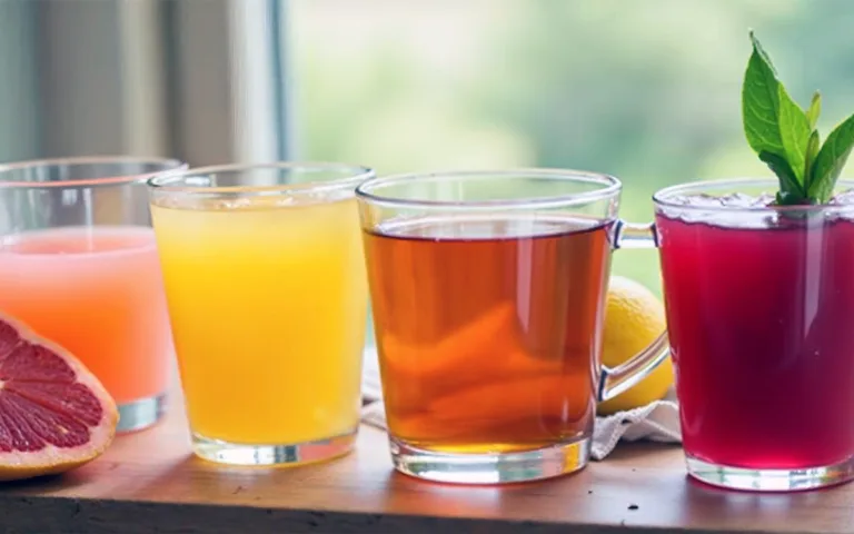 Five varieties of juices arranged on a table, representing natural drinks beneficial for liver health and immune support.