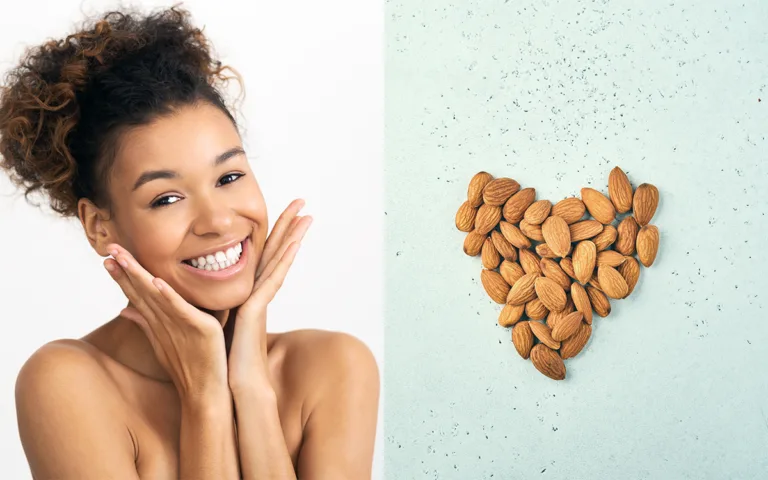 A woman with beautiful skin represents almonds' positive impact on skin tone.