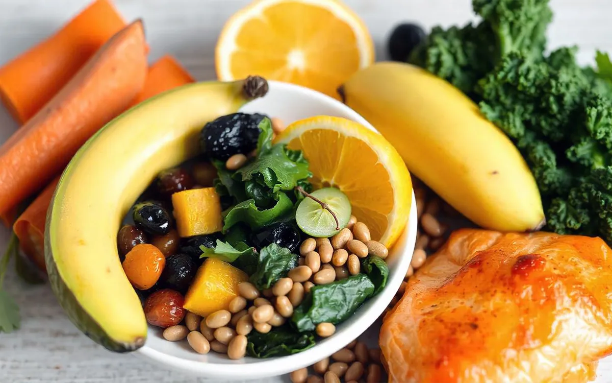 A bowl filled with colorful fruits, vegetables, and nuts, highlighting potassium-rich foods for a balanced diet.