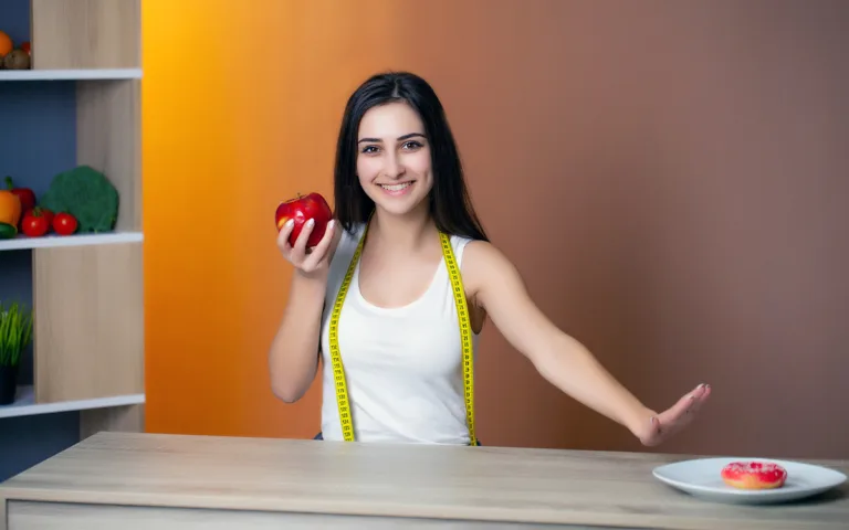 A woman holds an apple and measuring tape, symbolizing healthy weight gain through balanced diet and strength training.