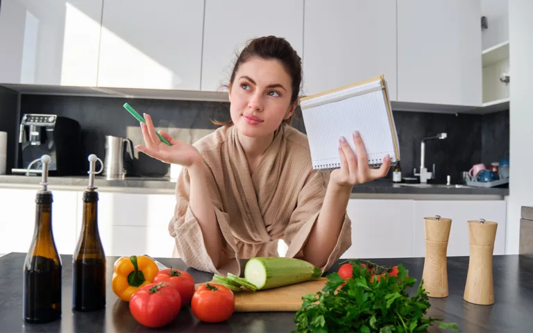 A woman sitting at a kitchen table holds a clipboard, ready to discuss nutrition myths and healthy food choices.