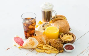  table displaying a variety of food items, emphasizing healthy choices while avoiding fried, sugary, and processed foods.
