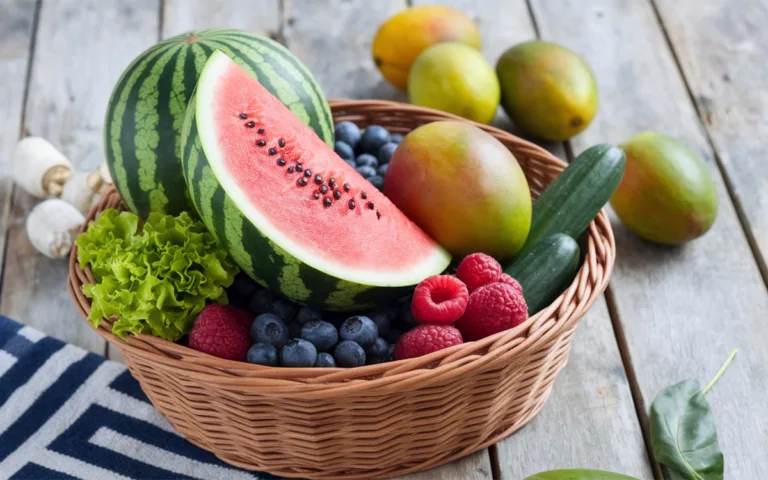 A basket of fresh fruits sits on a wooden table, promoting gut health with fiber-rich foods for summer wellness.