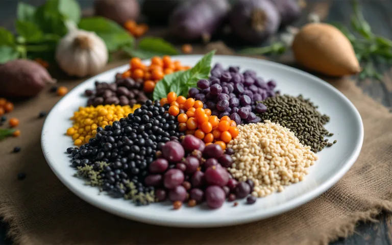 A vibrant plate showcasing an array of colorful grains and fresh vegetables, highlighting nutrient-dense superfoods.