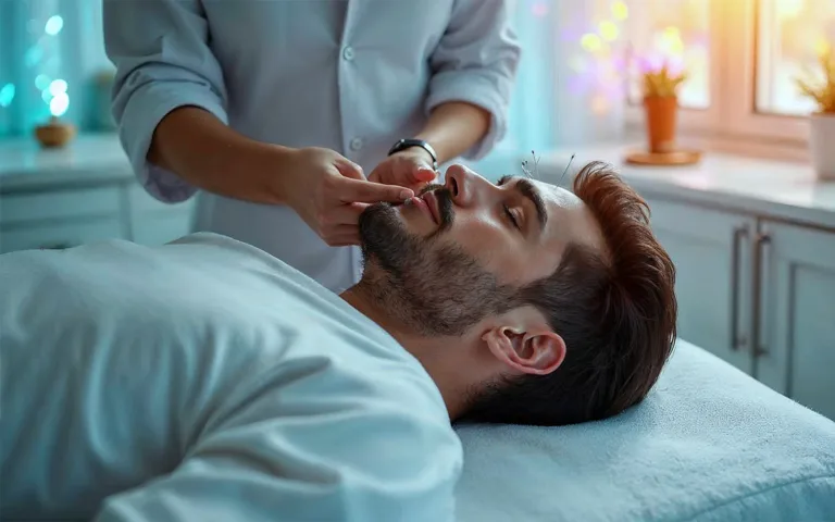 A man receiving a facial acupuncture treatment in a serene spa environment, promoting natural skin rejuvenation.