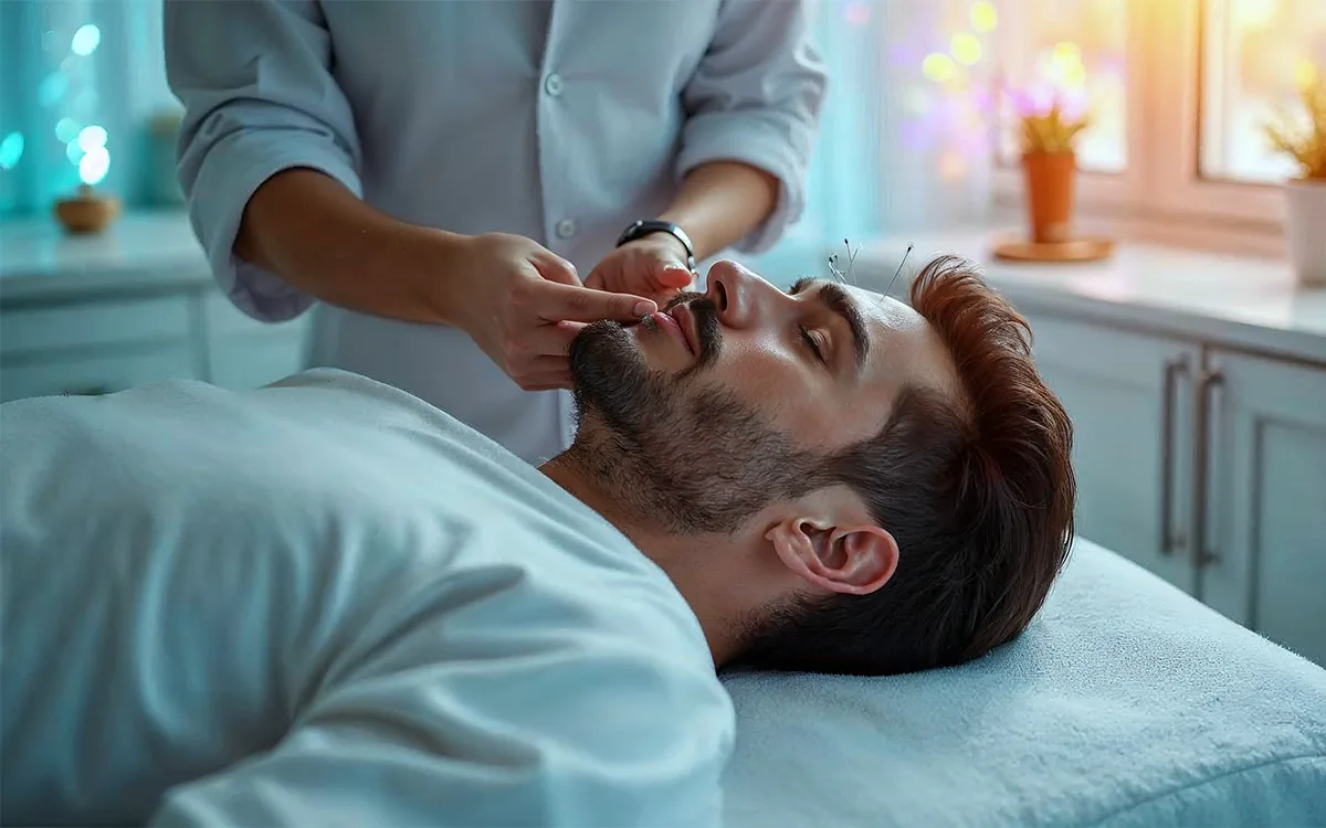 A man receiving a facial acupuncture treatment in a serene spa environment, promoting natural skin rejuvenation.