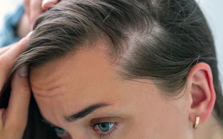A woman runs her fingers through her hair, contemplating hair thinning and its impact on overall hair health.