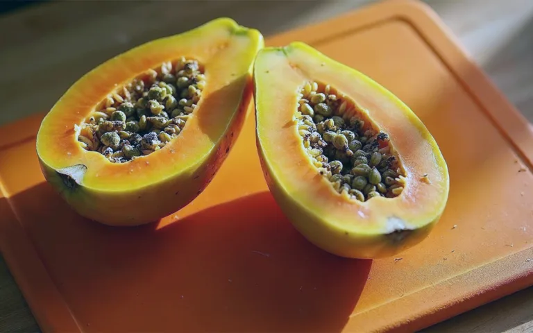 Papayas sliced in half on a cutting board, highlighting their juicy orange flesh and black seeds, ideal for digestion.