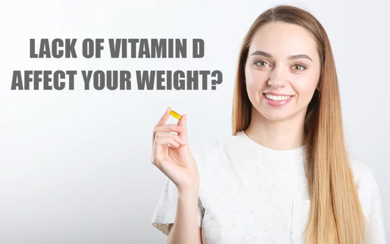A woman holds a vitamin D pill, questioning if low levels affect weight, with text overlay about vitamin D and weight connection.