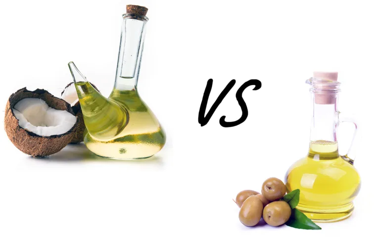Visual comparison of olive oil and coconut oil, highlighting their benefits for dry and acne-prone skin in skincare routines.
