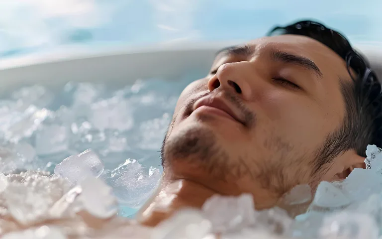 A man sits in a tub filled with ice, demonstrating cold water therapy for mental clarity and post-workout recovery.