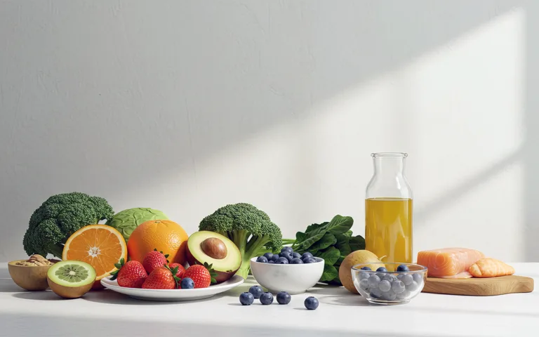 A table displaying a variety of colorful fruits and vegetables, emphasizing nutrient-dense food choices for better health.
