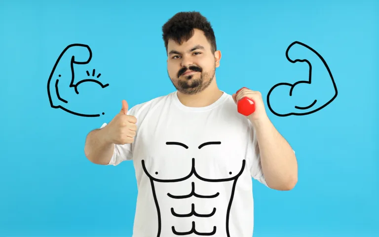 A man with a "muscle" shirt lifts dumbbells, representing strength training and the journey of body recomposition.