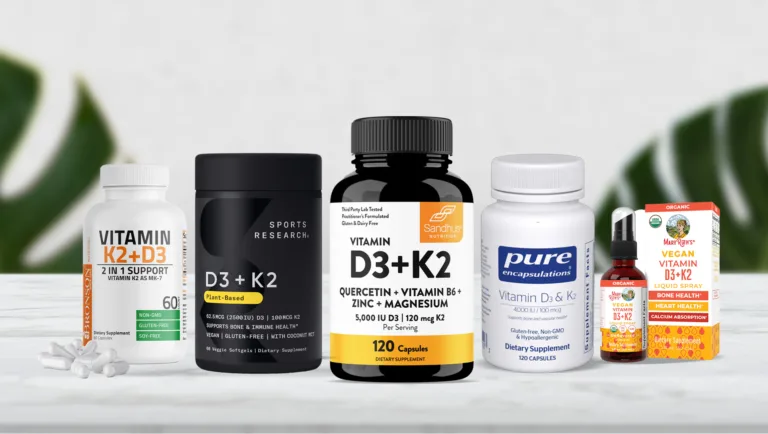 A selection of vitamin supplements displayed on a table, highlighting Vitamin D3 and K2 among other health products.