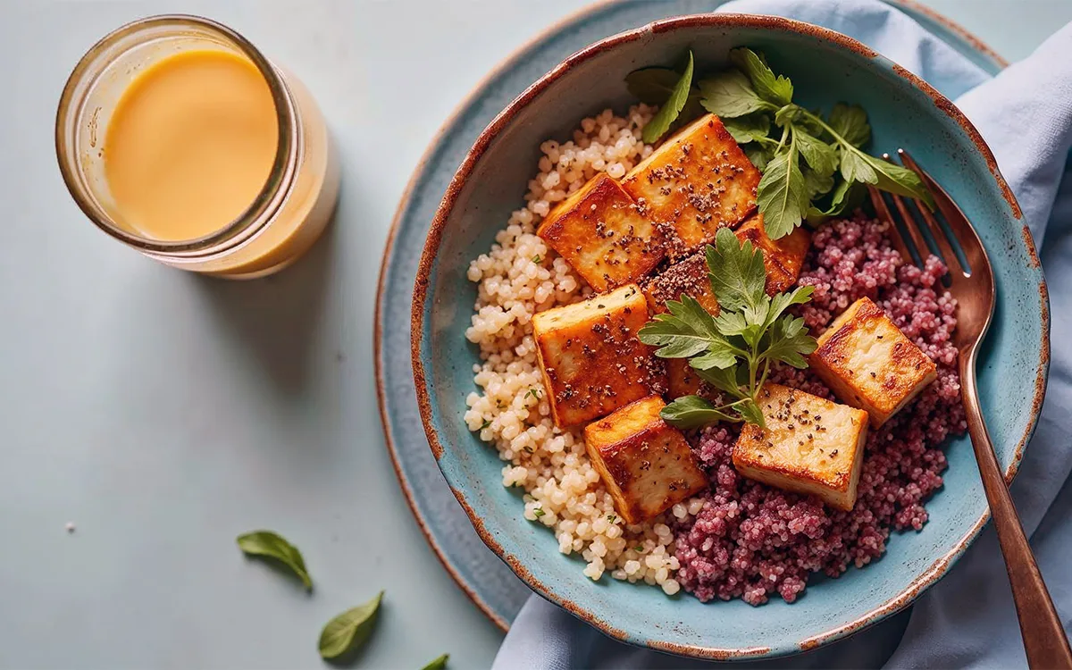 A vibrant bowl of couscous with tofu and assorted vegetables, highlighting a healthy, protein-rich plant-based dish.