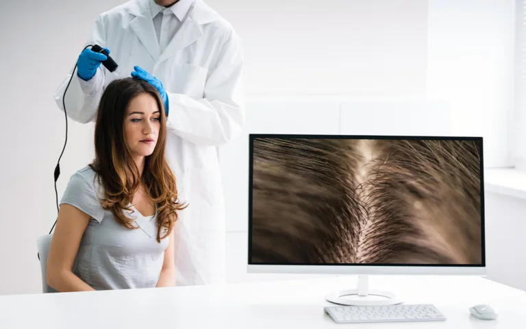 A doctor examines a woman's scalp using a handheld device, while sebum and care routine quietly shape your hair health—visible in the close-up scalp image displayed on the computer monitor.