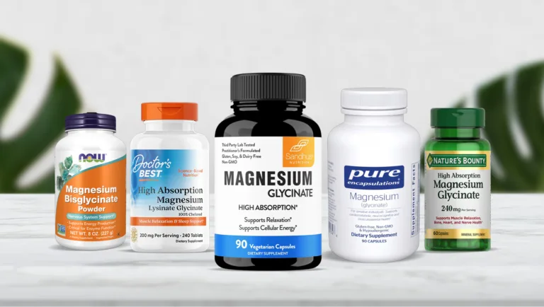 A table displaying various vitamins and supplements, including magnesium glycinate for calm, sleep, and muscle support.