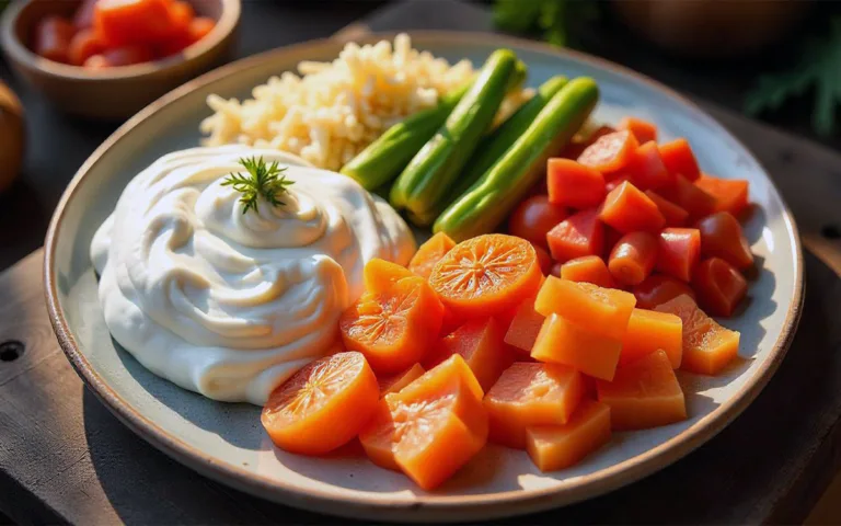 A plate of colorful vegetables, including carrots and tomatoes, served with a side of creamy yogurt for a healthy meal.