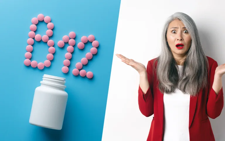 A woman displays a bottle of pills and a pill bottle, discussing how nutrition may influence gray hair and melanin production.