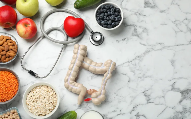 A colorful assortment of gut-friendly foods, including fruits, vegetables, and whole grains, promoting digestive health.