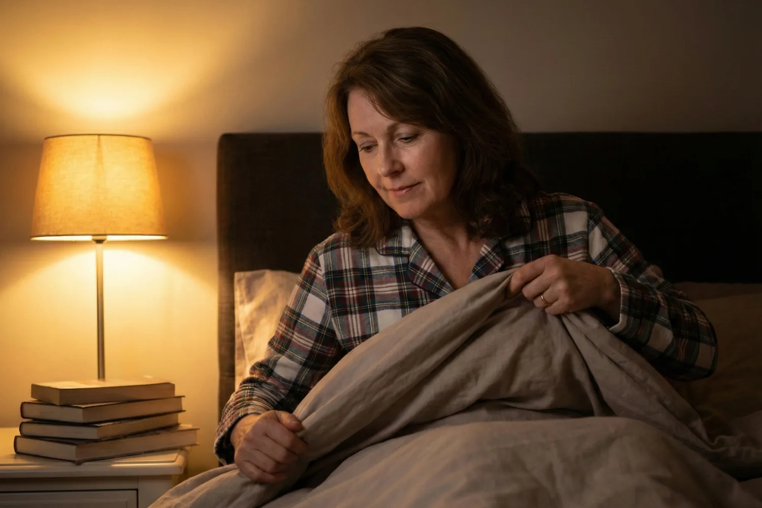 Middle-aged woman sitting up in bed at night adjusting her blanket, showing sleep discomfort and restlessness commonly experienced during menopause.