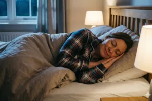 Middle-aged woman sleeping peacefully on her side in a softly lit bedroom, representing improved sleep quality during menopause.