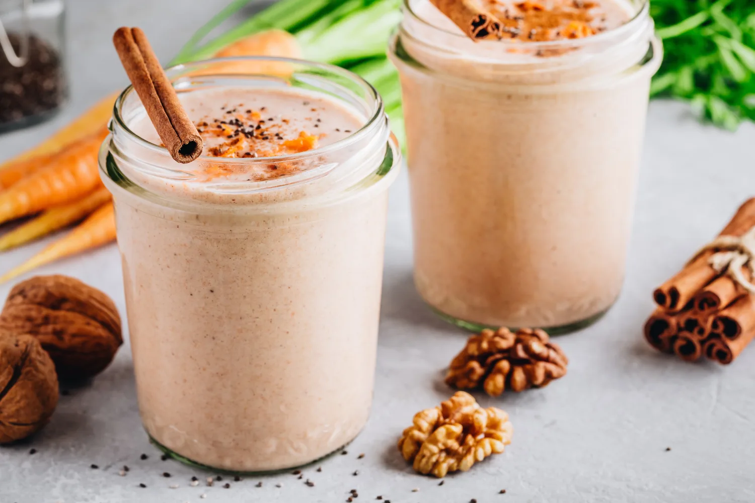 Cinnamon smoothie made with carrots, walnuts, and warming spices, designed to support healthy blood sugar control
