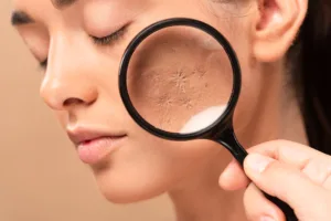 Close-up of facial skin viewed through a magnifying glass, showing dryness and texture changes often linked to imbalanced glucose levels.