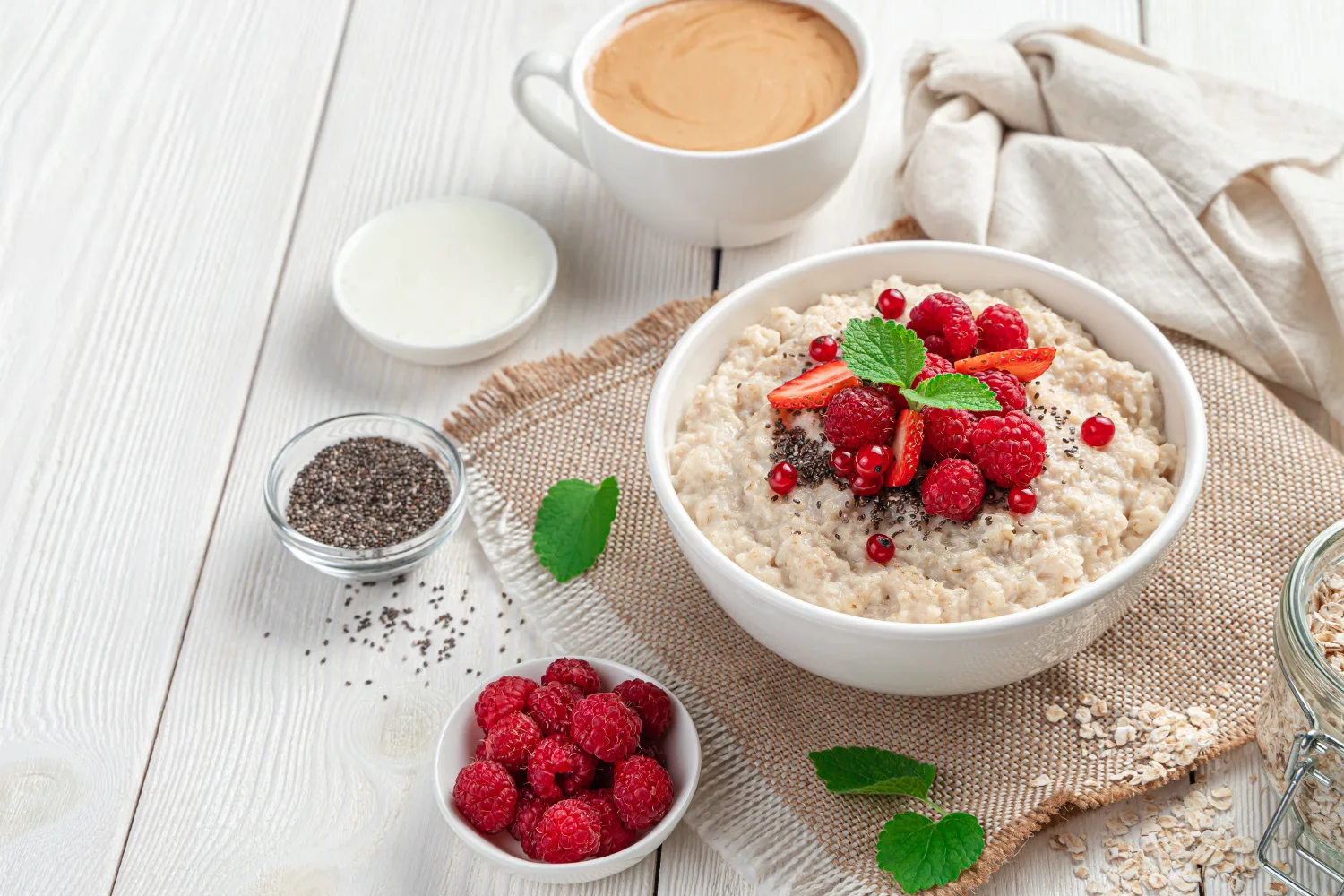 Fiber-rich oatmeal with berries and chia seeds to support hormone balance and boost energy during menopause fatigue