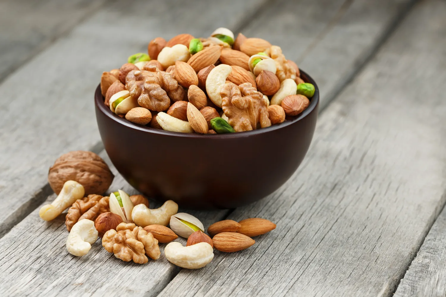 Mixed nuts with almonds, walnuts, and pistachios for healthy fats and sustained energy during menopause