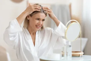Middle-aged woman examining hair thinning at the scalp in a mirror, highlighting menopause-related hair loss and hormonal changes