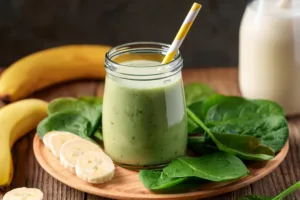 Healthy green smoothie made with banana and spinach, representing nutrient-rich recipes that support energy levels and hormonal balance during menopause.