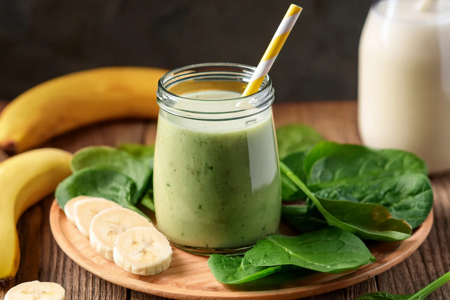 Healthy green smoothie made with banana and spinach, representing nutrient-rich recipes that support energy levels and hormonal balance during menopause.