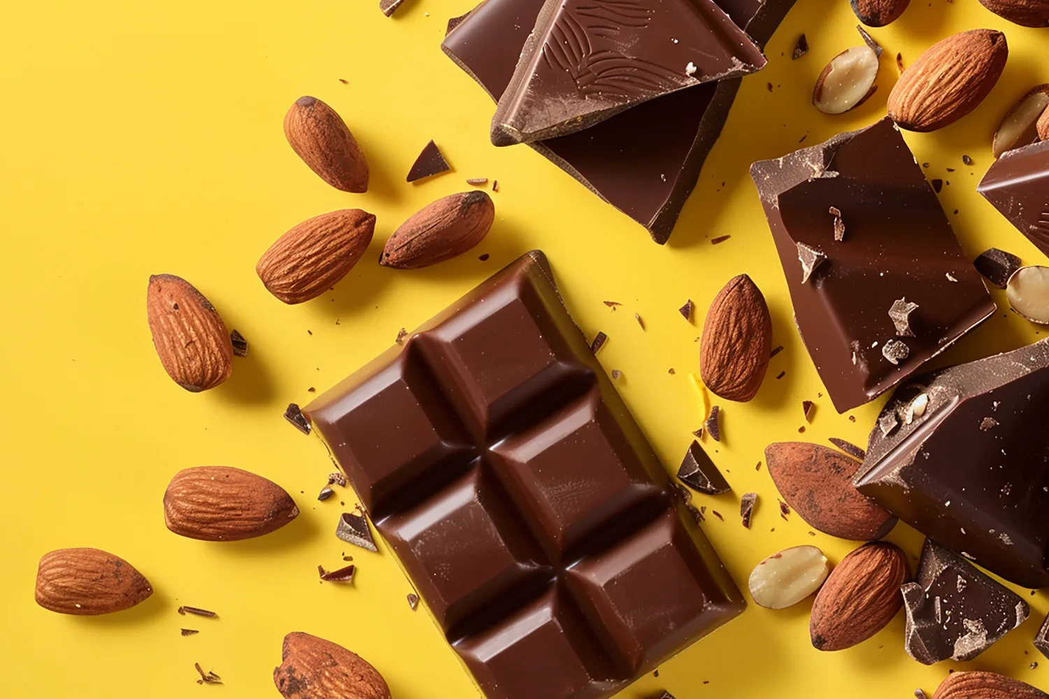 Dark chocolate pieces and almonds on yellow background representing magnesium-rich snack ideas for easing cravings naturally
