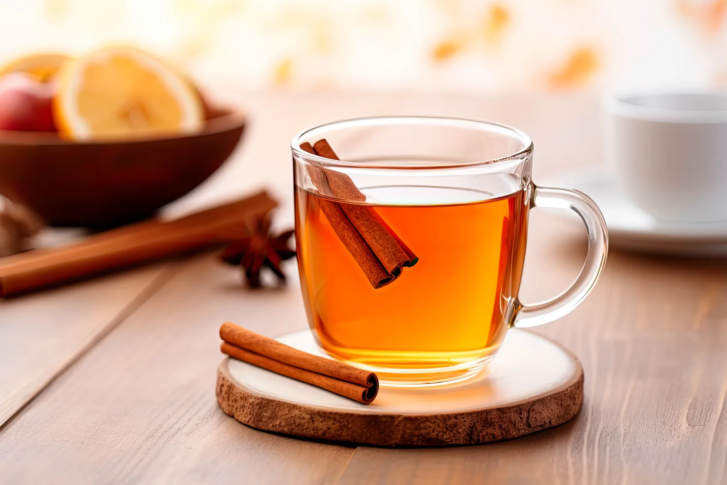 Glass cup of cinnamon tea with cinnamon sticks supporting daily glucose balance naturally