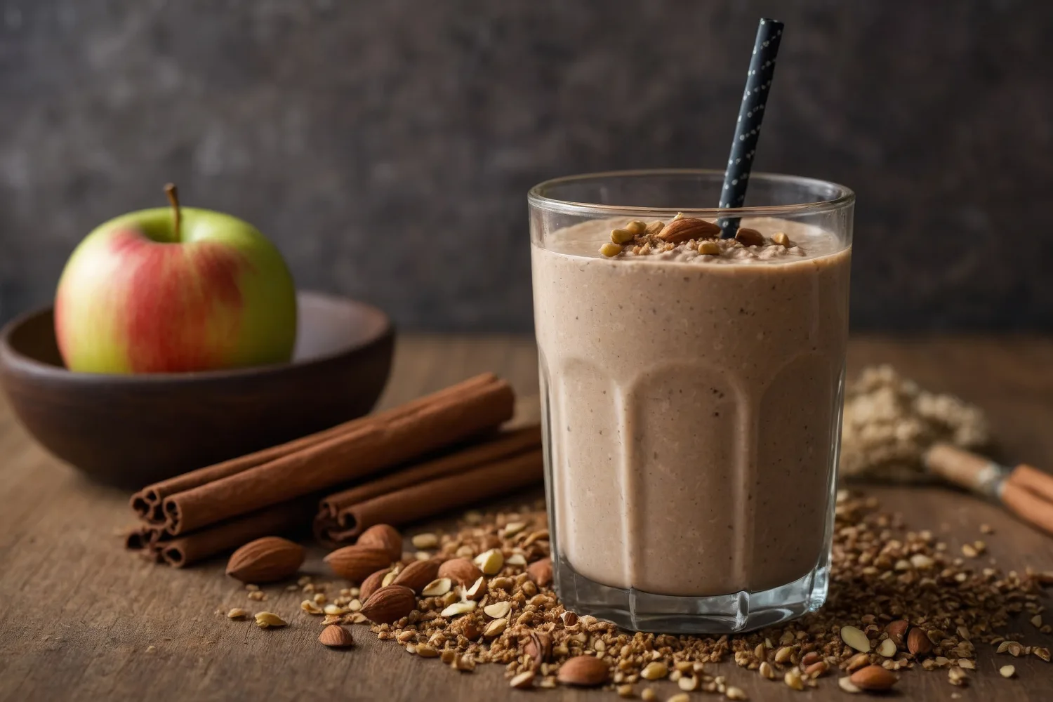 Cinnamon smoothie with apple and nuts promoting balanced energy and healthy glucose levels