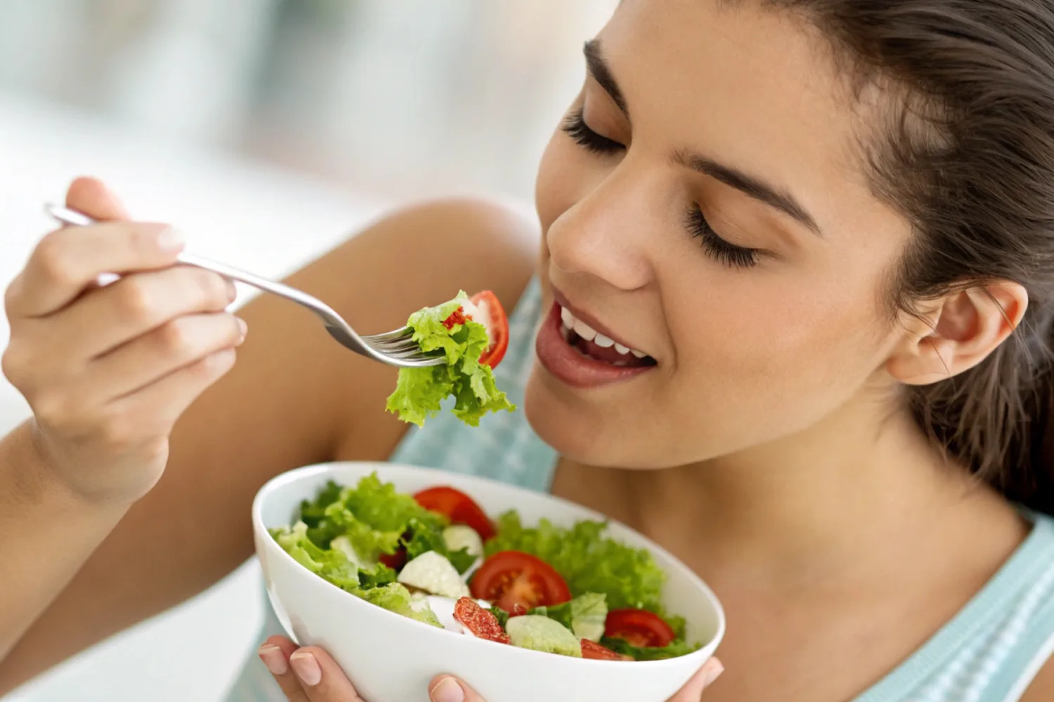 Woman eating fresh salad calmly highlighting mindful eating and how healthy habits can reduce food noise and improve eating behavior