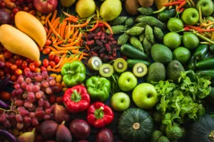Variety of colorful fruits and vegetables rich in vitamins minerals and antioxidants supporting seasonal health and immunity