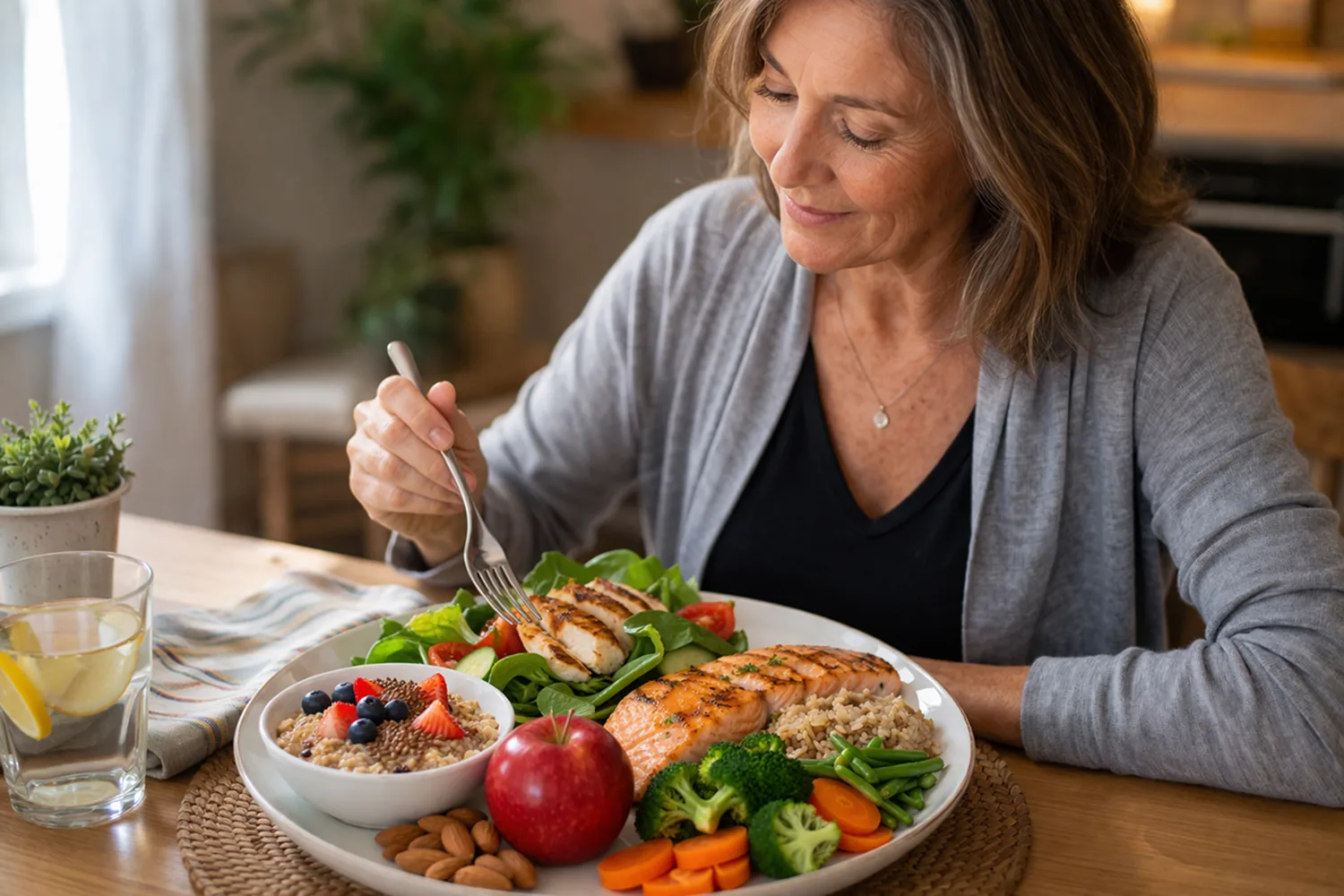 Middle-aged woman enjoying a healthy balanced meal with salmon, vegetables, oats, and fruit to support menopause hot flash relief