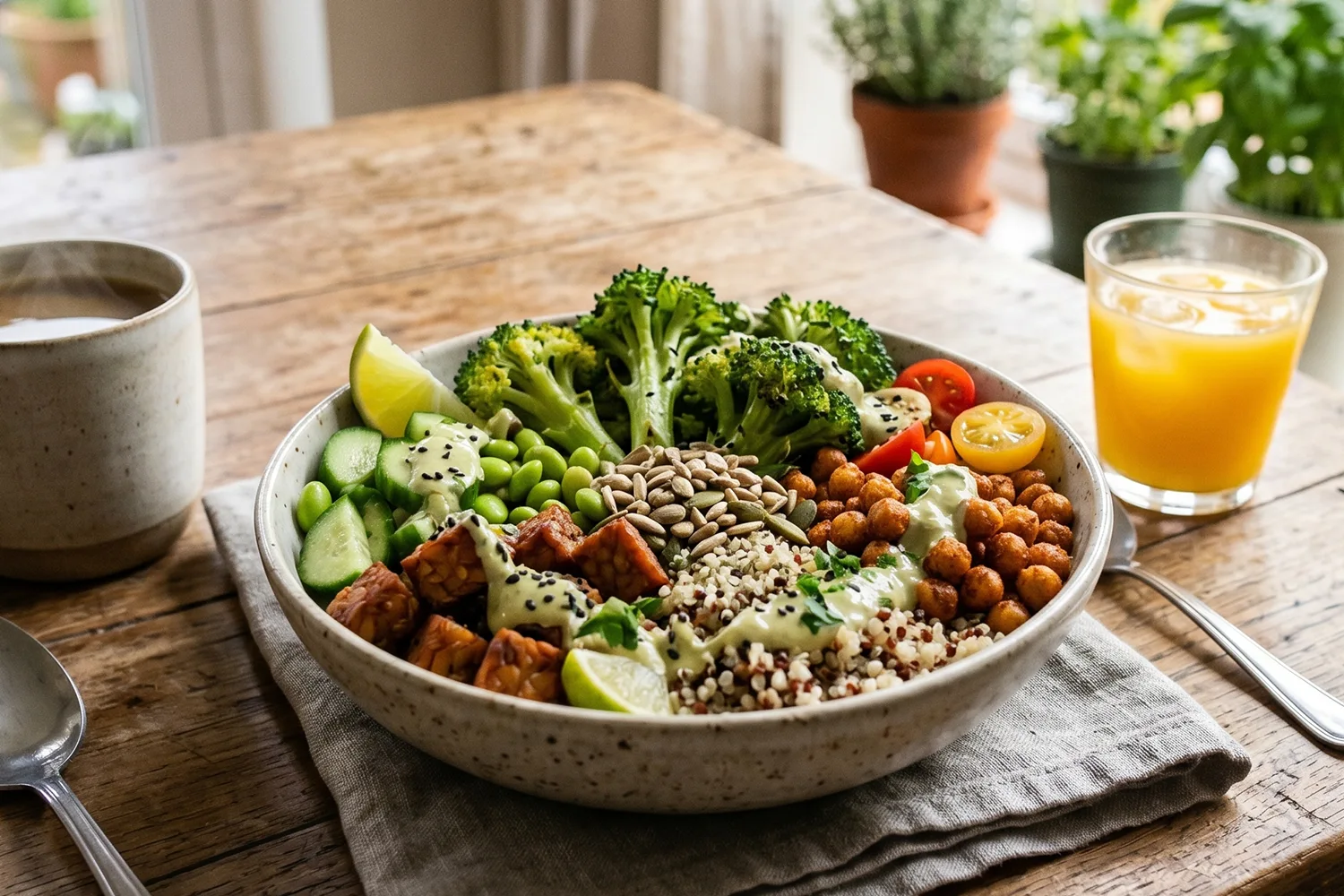 Broccoli quinoa bowl with seeds, chickpeas, cucumber, and vegetables representing an easy chromium rich meal for glucose balance.