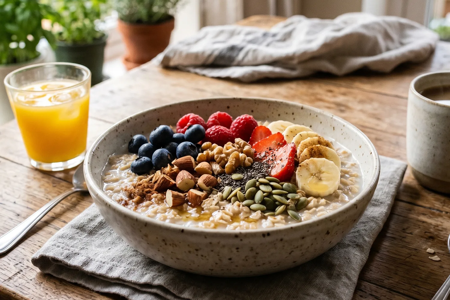 Oatmeal breakfast bowl with berries, banana, nuts, and seeds representing a healthy chromium rich breakfast for blood sugar support.