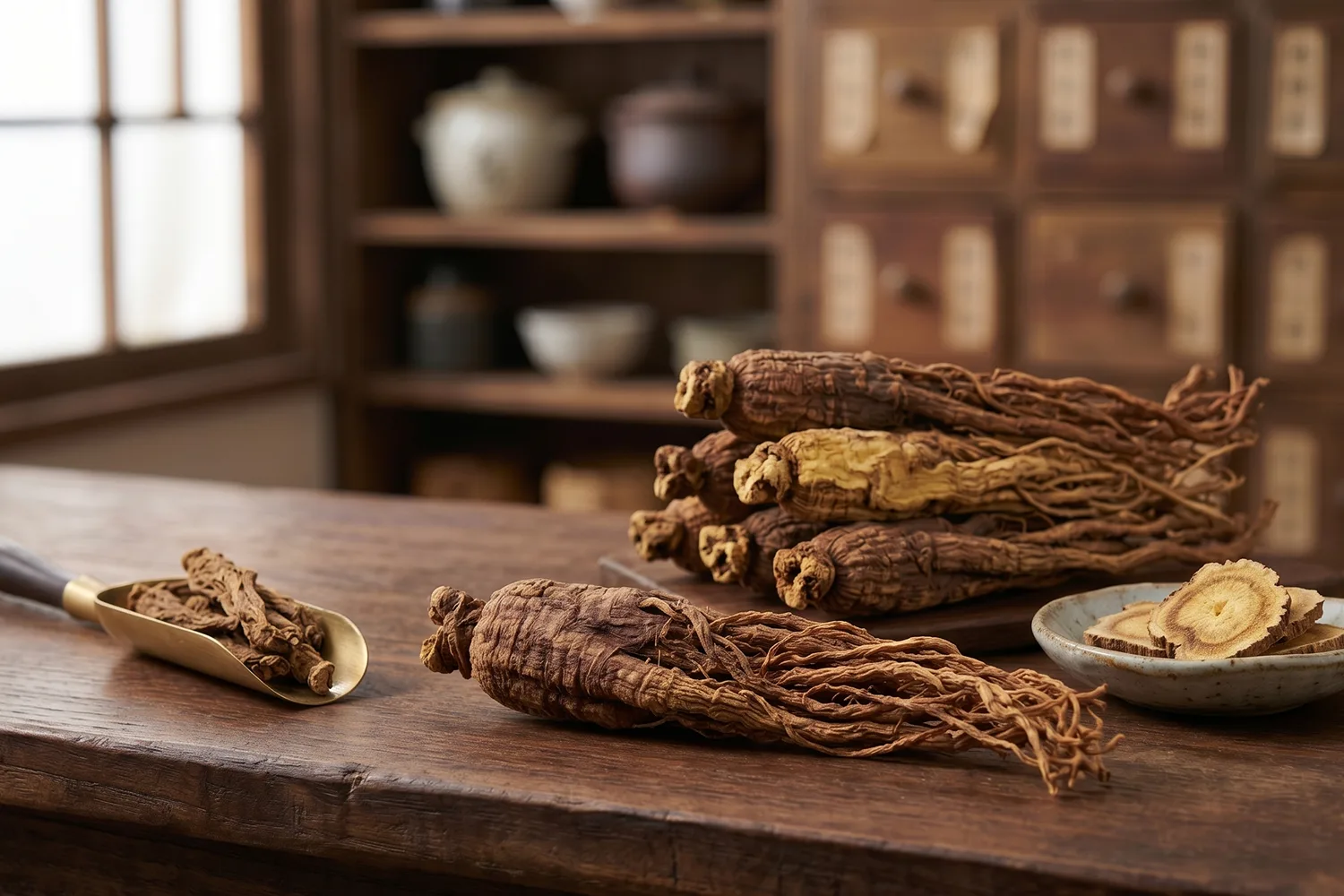 Dried dong quai roots on wooden table representing traditional herbal support for menopause and women’s wellness.