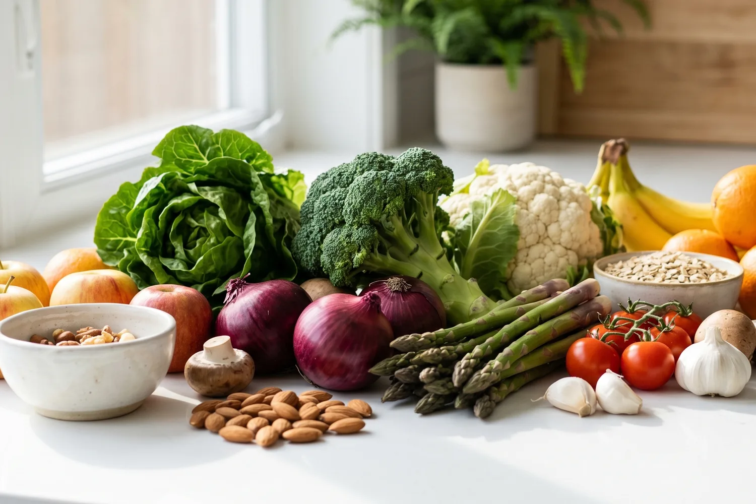 Fresh vegetables, nuts, seeds, and fruits on kitchen counter representing whole foods naturally rich in chromium for better glucose balance.