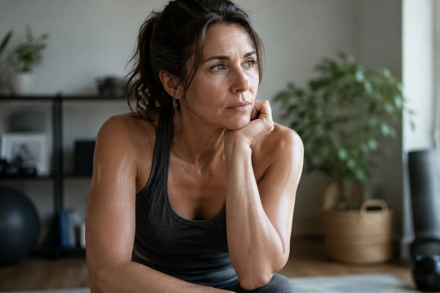 Woman resting after exercise during menopause reflecting on fatigue, recovery changes, and shifting workout performance
