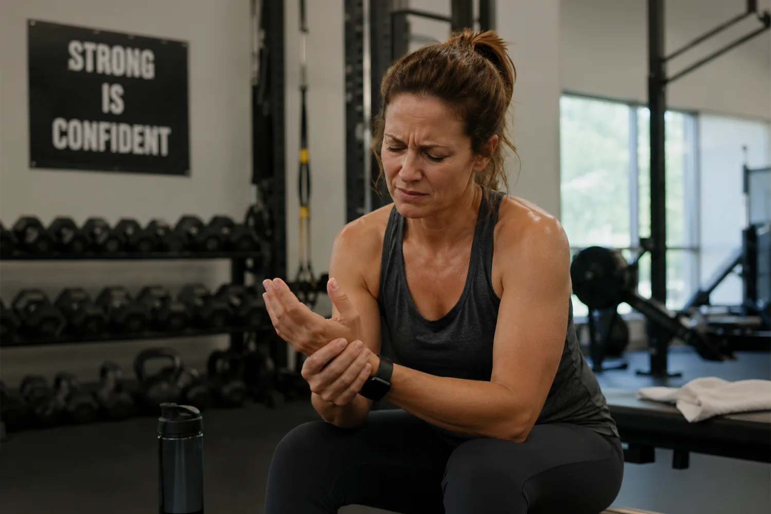 Middle-aged woman experiencing wrist discomfort at the gym showing menopause-related muscle and joint recovery challenges