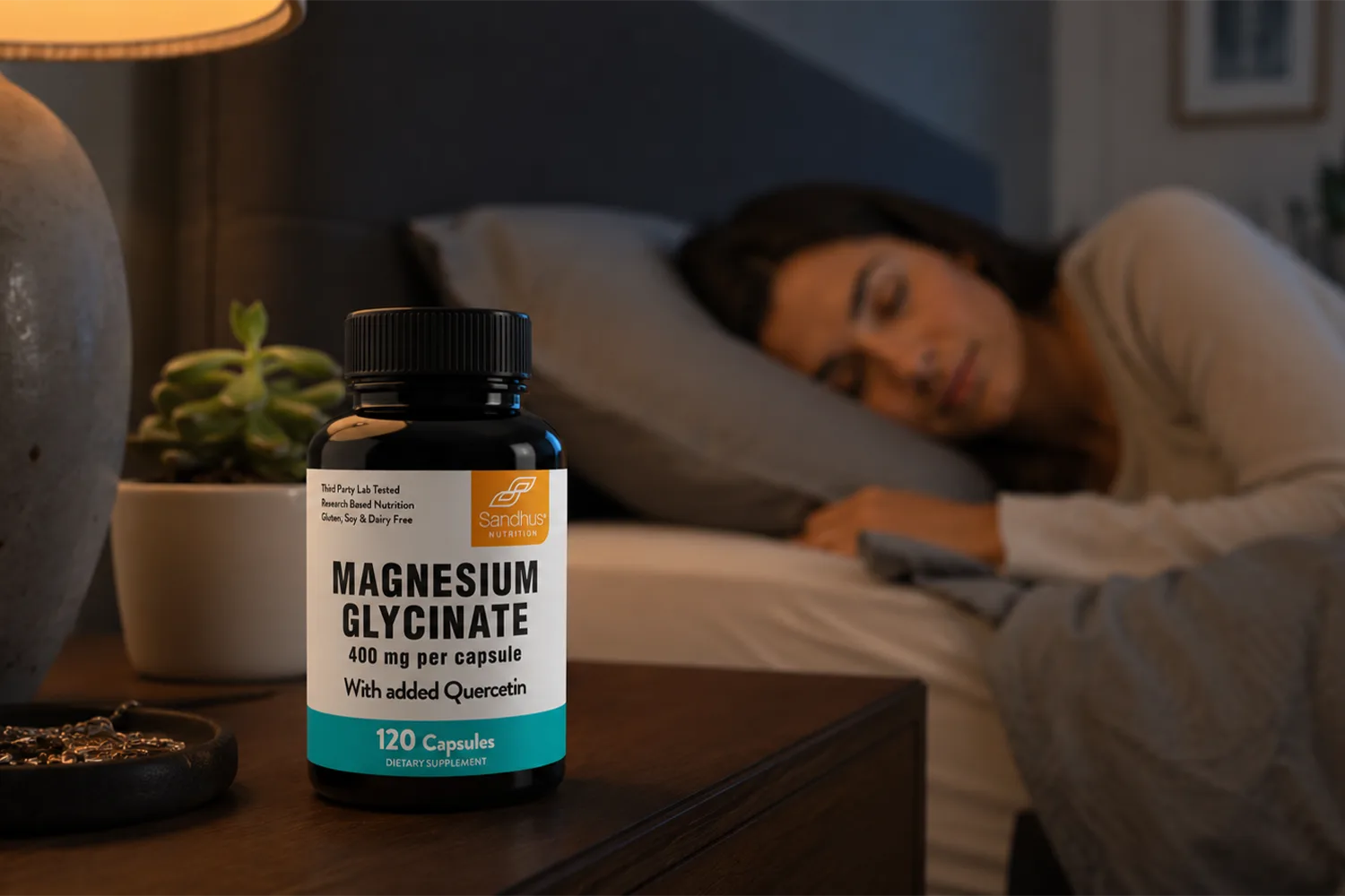 Magnesium glycinate supplement beside a sleeping woman highlighting rest, recovery, and nighttime wellness support naturally
