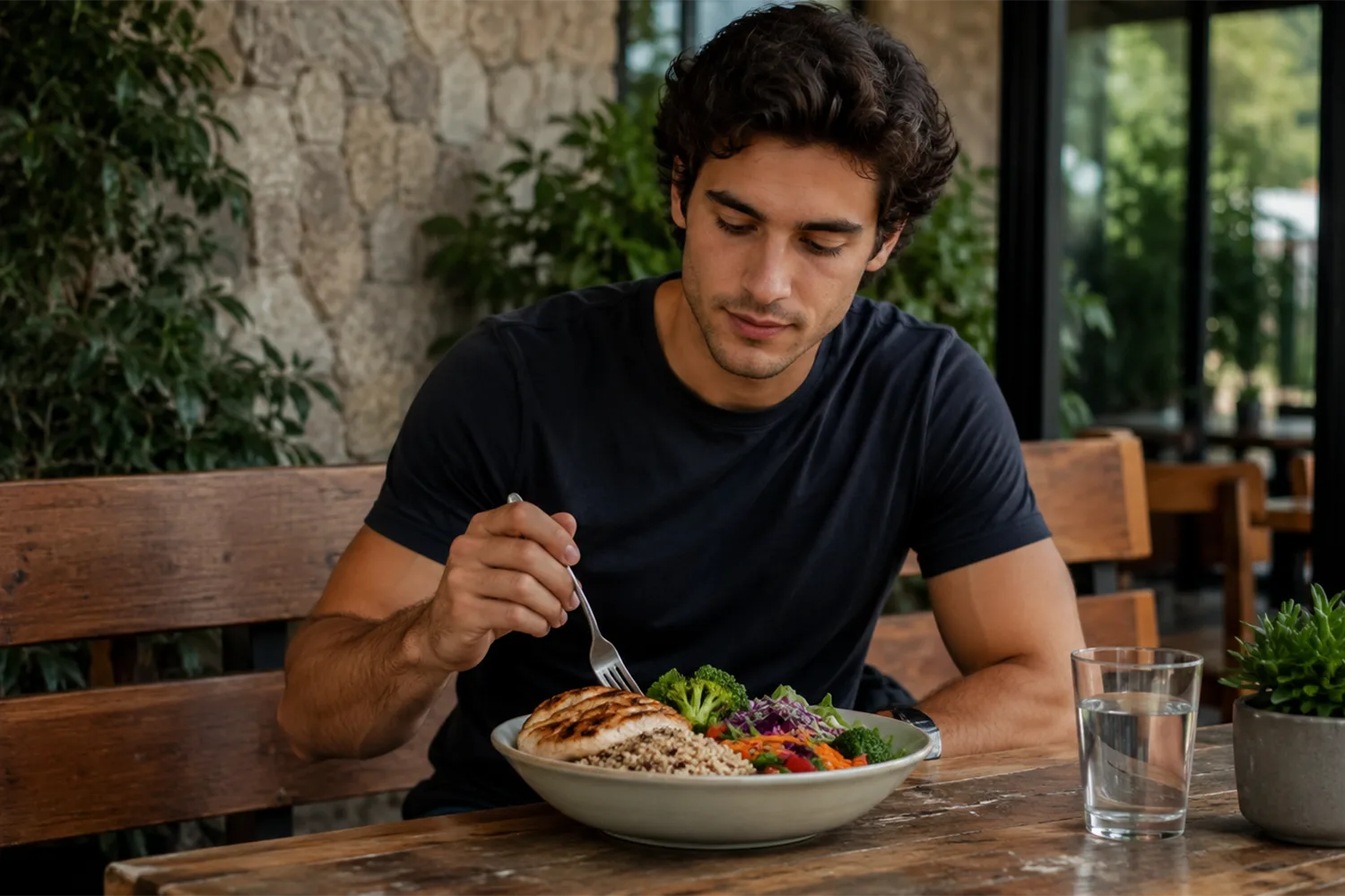 Man eating a balanced meal with protein and vegetables showing nutrition habits that support recovery and daily wellness