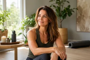 Confident woman relaxing after a home workout highlighting healthy menopause fitness habits and active aging support